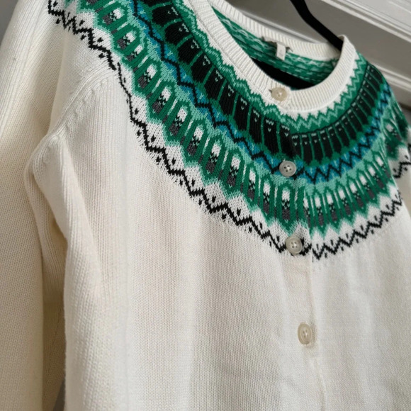 Talbots 100% cotton green and cream fair isle button cardigan sweater size L - Picture 3 of 6